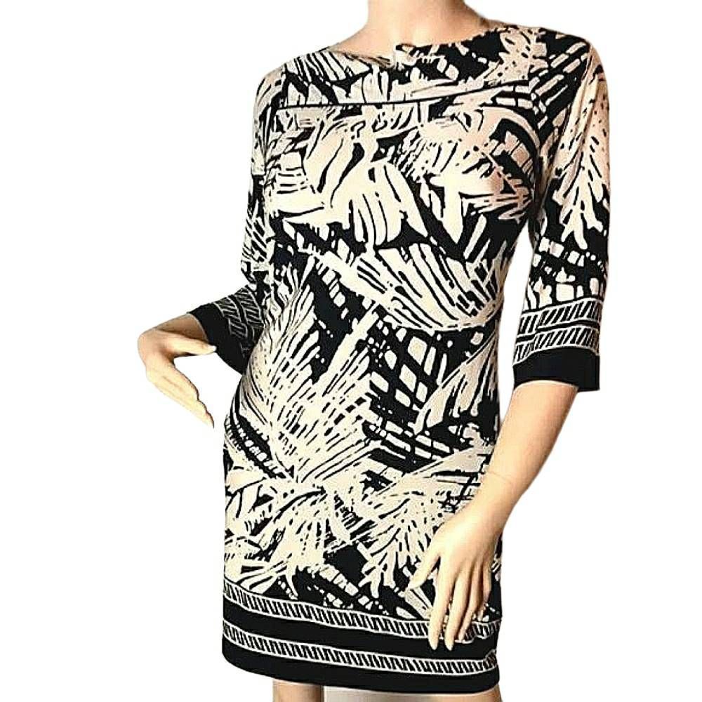 Enfocus Studio Dark Chocolate/Off-White Abstract Knee Length Long Sleeve Dress,